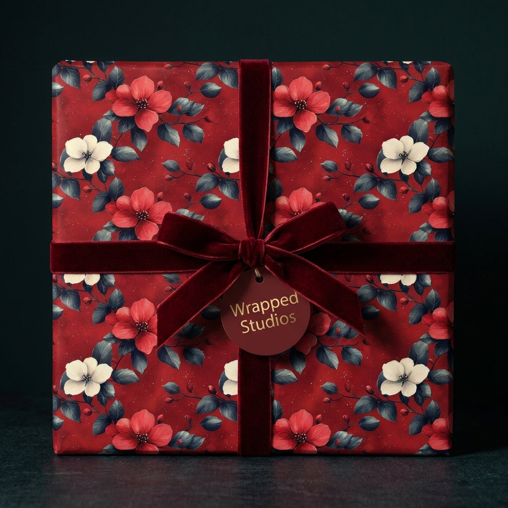 Wrapped Studios floral wrapping paper with velvet burgundy ribbon and gift tag.