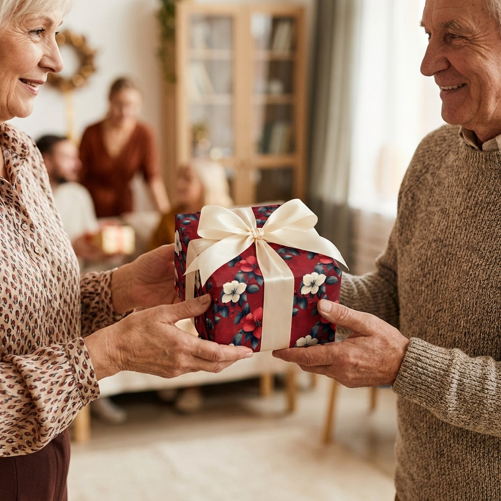 Senior couple exchanging a Christmas gift wrapped in floral wrapping paper with cream ribbon.