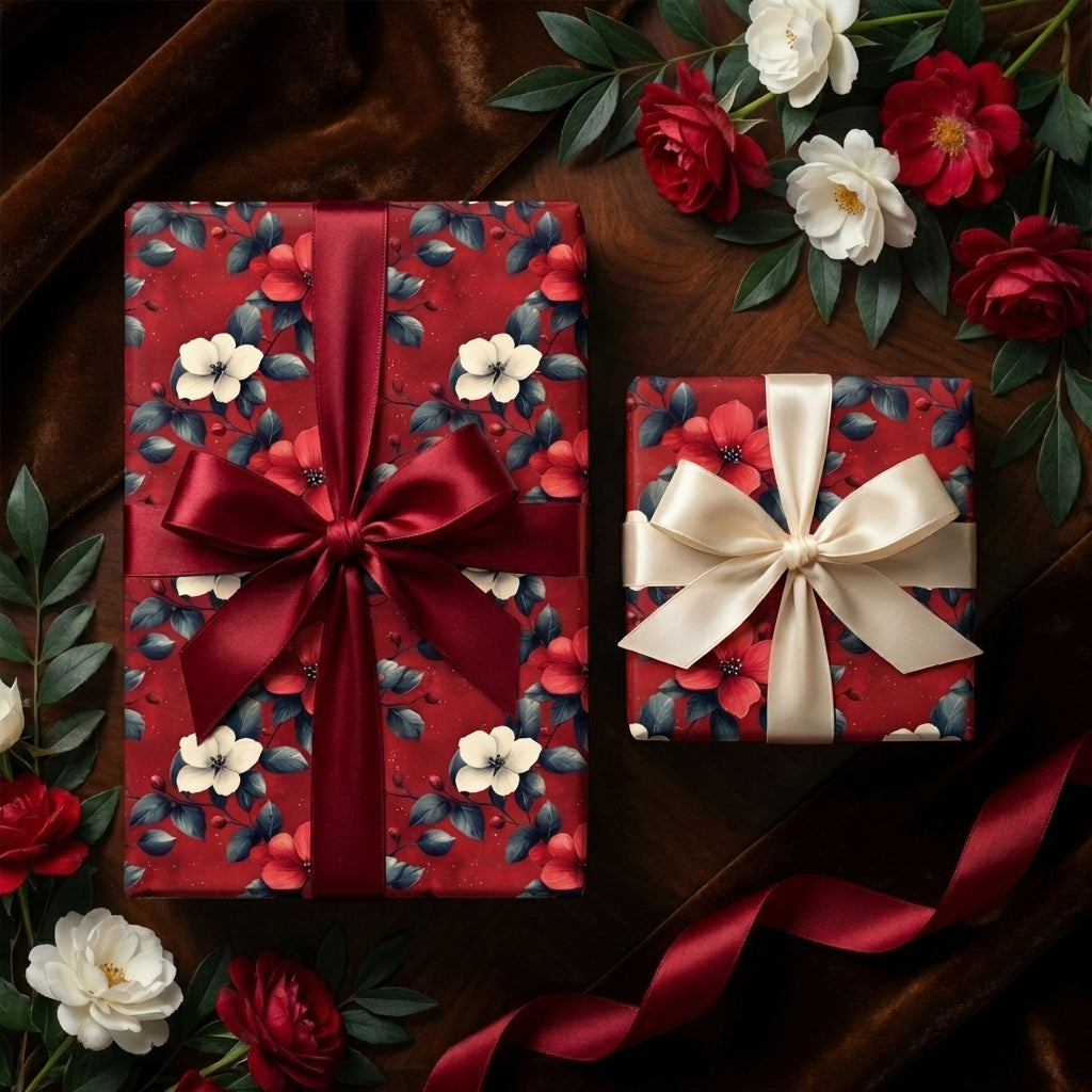 Elegant floral gift wrap on presents with red and cream ribbons. Perfect Christmas gift wrap.