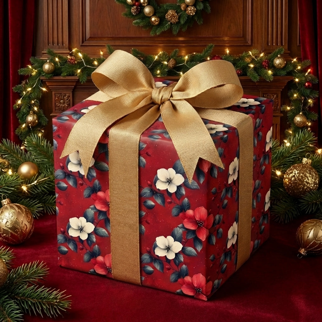 Elegant Christmas gift wrapped in red floral wrapping paper with a gold ribbon.