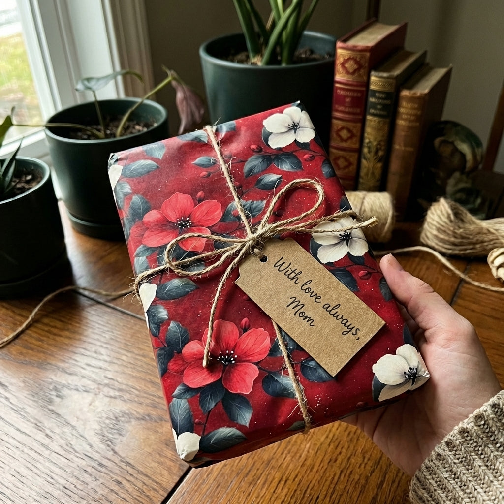 Hand holds floral wrapping paper gift, tied with twine and a tag for Mom.