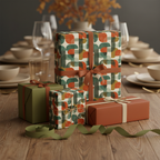 Modern geometric wrapping paper on gifts with earthy tones, ribbons, and a curated tablescape.
