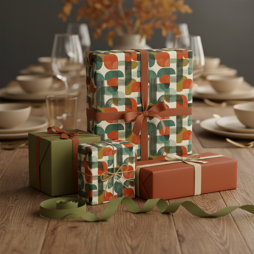 Modern geometric wrapping paper on gifts with earthy tones, ribbons, and a curated tablescape.