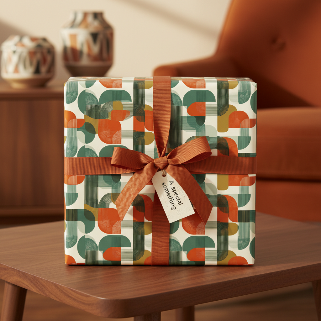 Modern gift wrapped in geometric pattern paper with burnt orange ribbon and tag, perfect for birthday or any special occasion.