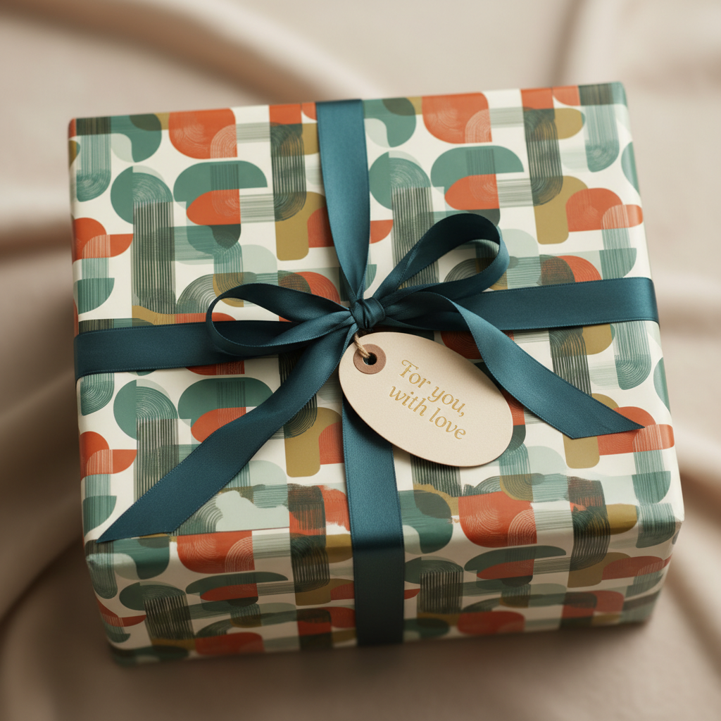 Modern geometric wrapping paper with teal ribbon and "For you, with love" tag.