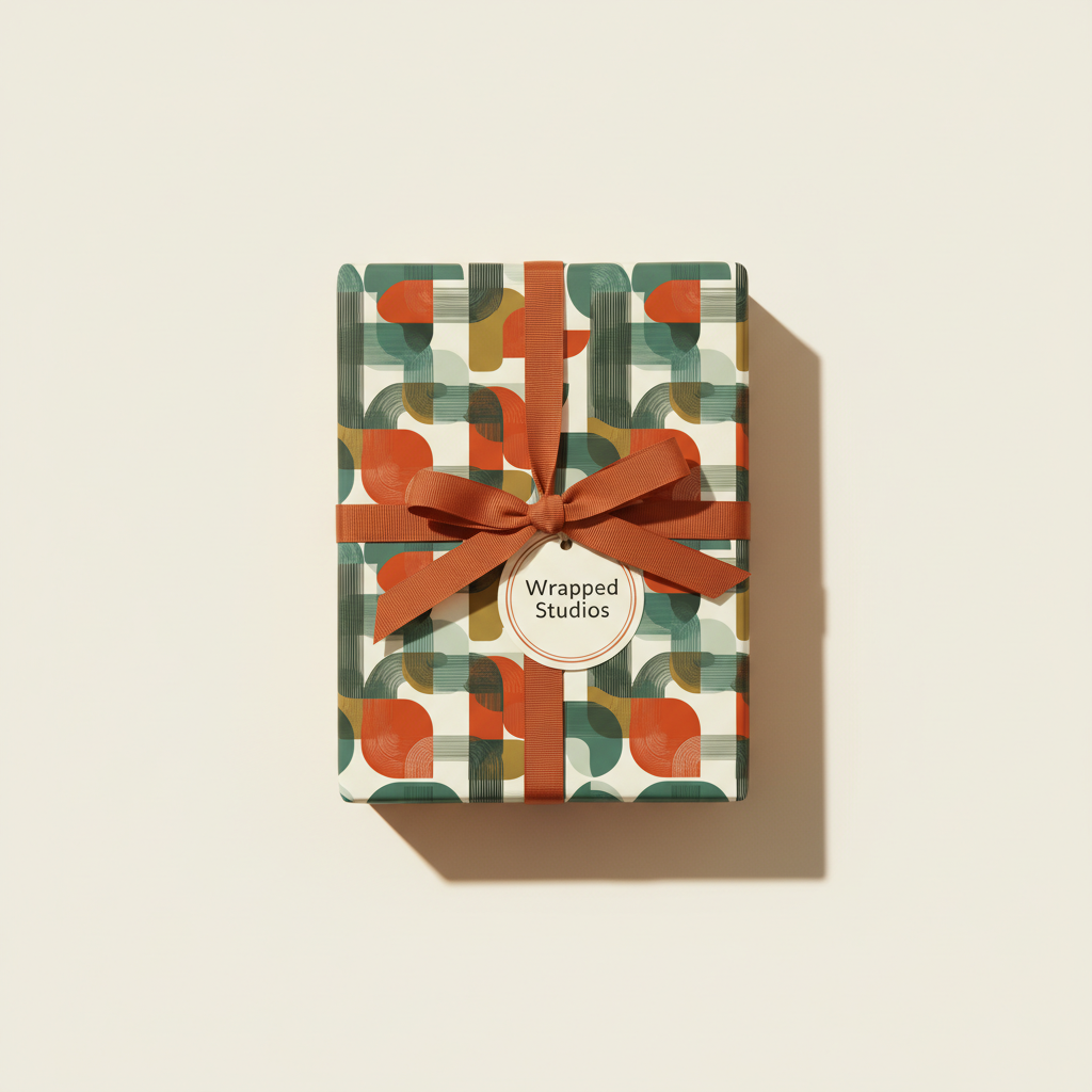 Modern gift wrap with geometric shapes in teal and rust, tied with a brown ribbon and tag.