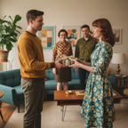 Retro geometric gift wrap with burlap bow being exchanged; teal floral dress.