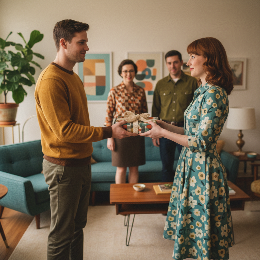 Retro geometric gift wrap with burlap bow being exchanged; teal floral dress.