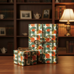 Stylish geometric wrapping paper in retro colors with twine ribbon, ideal for birthday or holiday gifts.