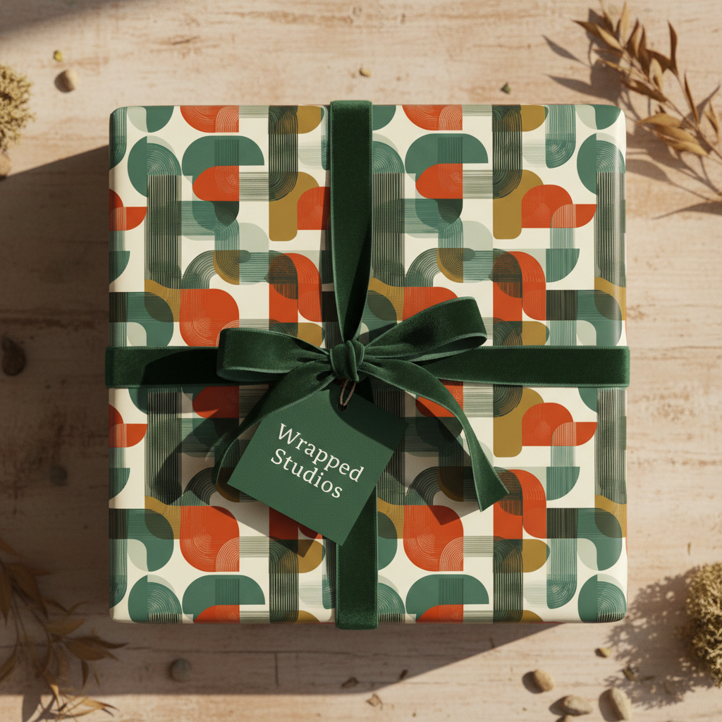Geometric wrapping paper with green velvet ribbon and tag, modern gift wrap for birthdays or any occasion.