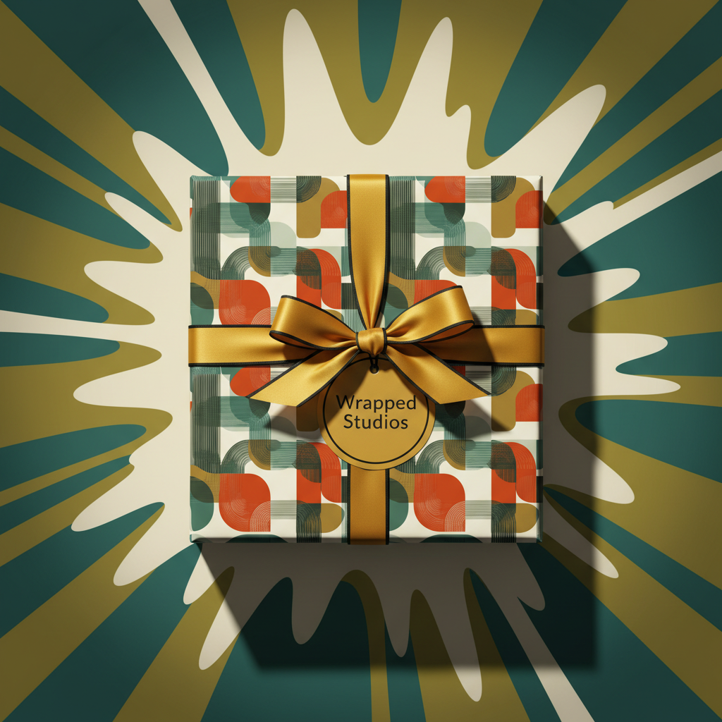Retro-style gift box wrapped in orange, teal, and tan patterned wrapping paper with a gold ribbon and bow.