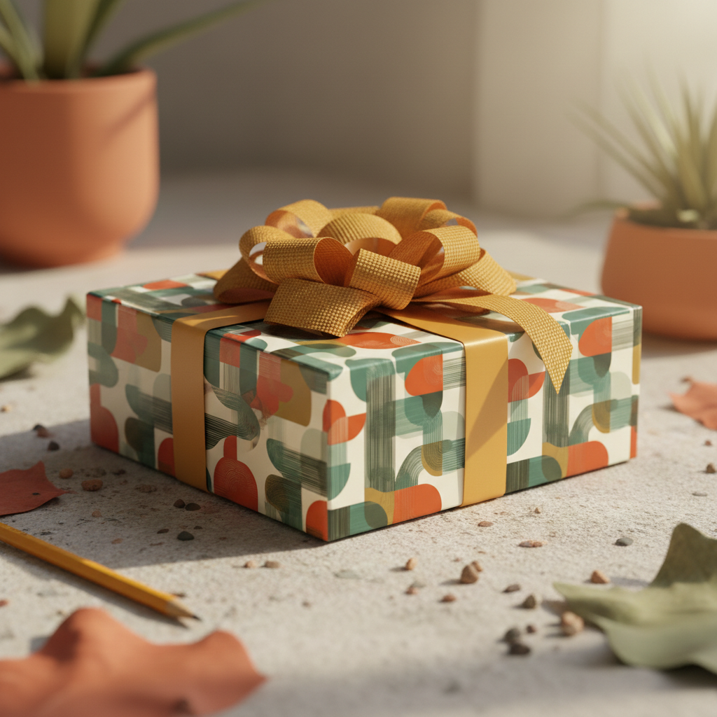 Modern gift wrapped in geometric wrapping paper with gold ribbon and bow, ready for a special occasion.