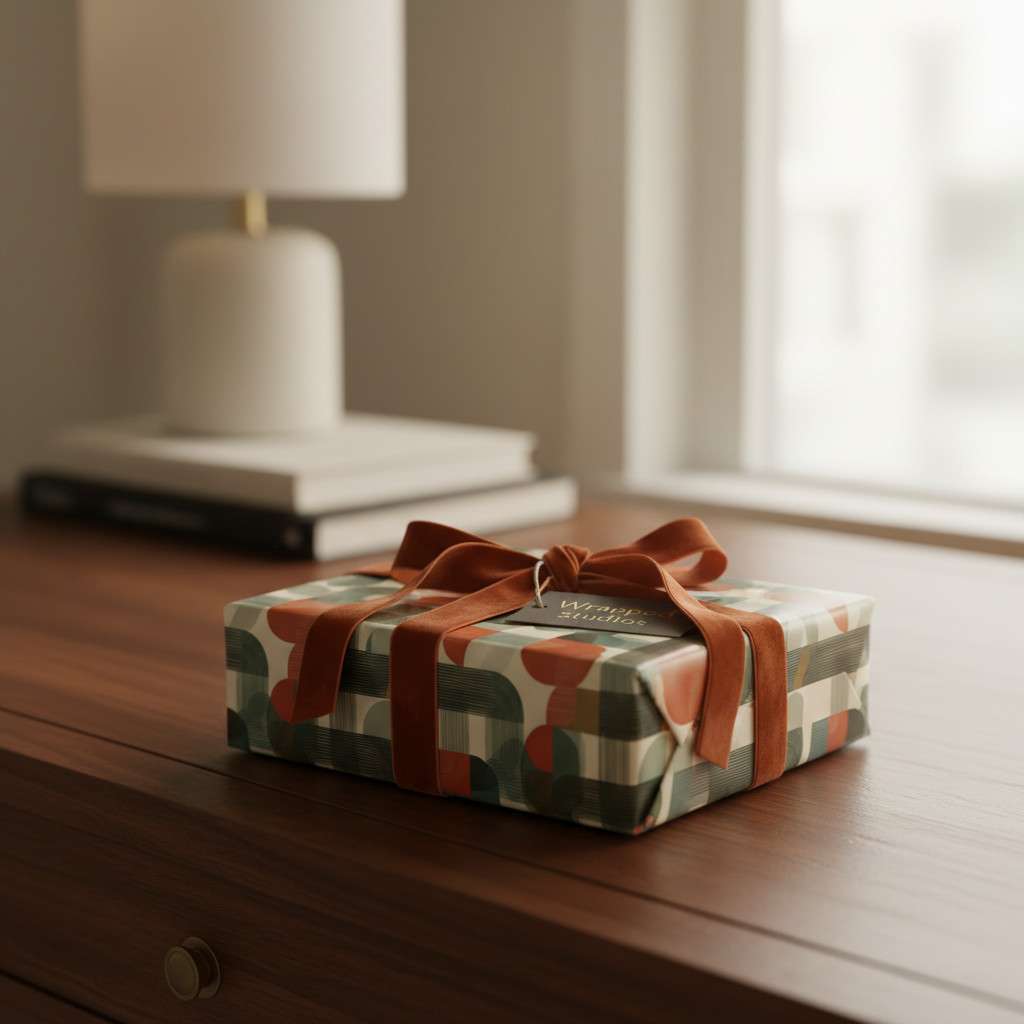 Modern gift wrapped in geometric pattern paper with a rust-colored velvet ribbon on a wooden surface.