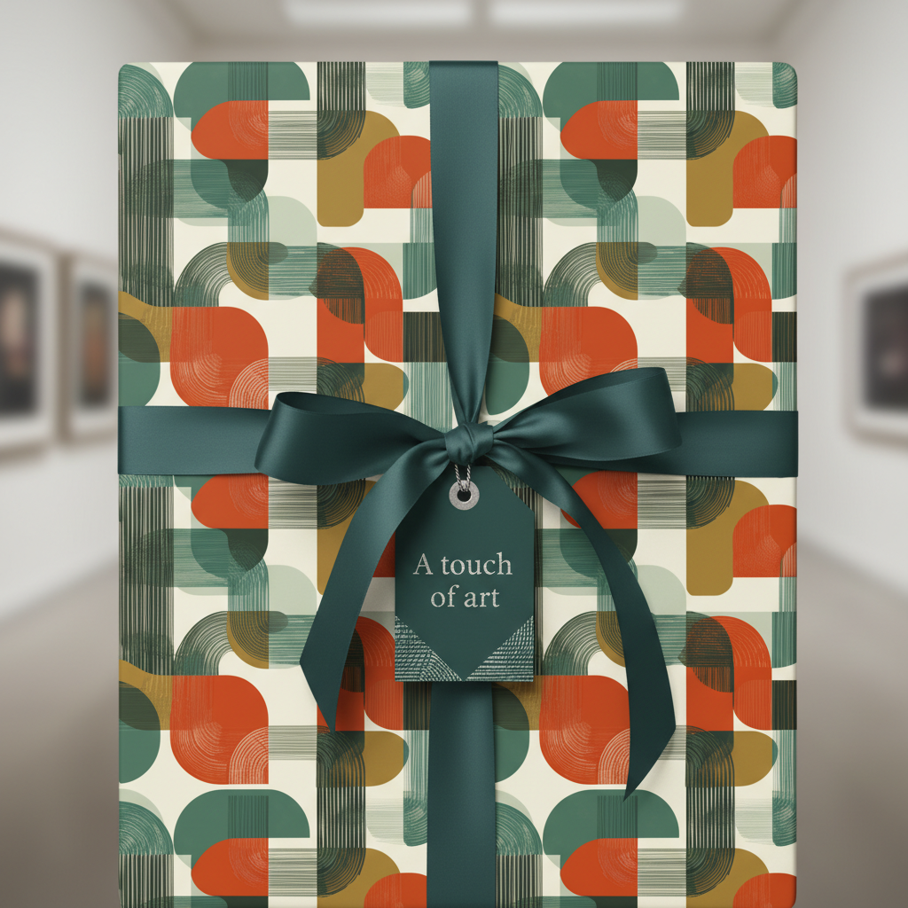 Elegant gift wrapped in retro-modern geometric wrapping paper with teal ribbon and "A touch of art" gift tag.