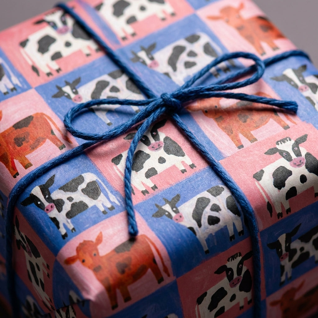 Cute cow print wrapping paper in pink and blue checks, tied with a twine bow by Wrapped Studios.
