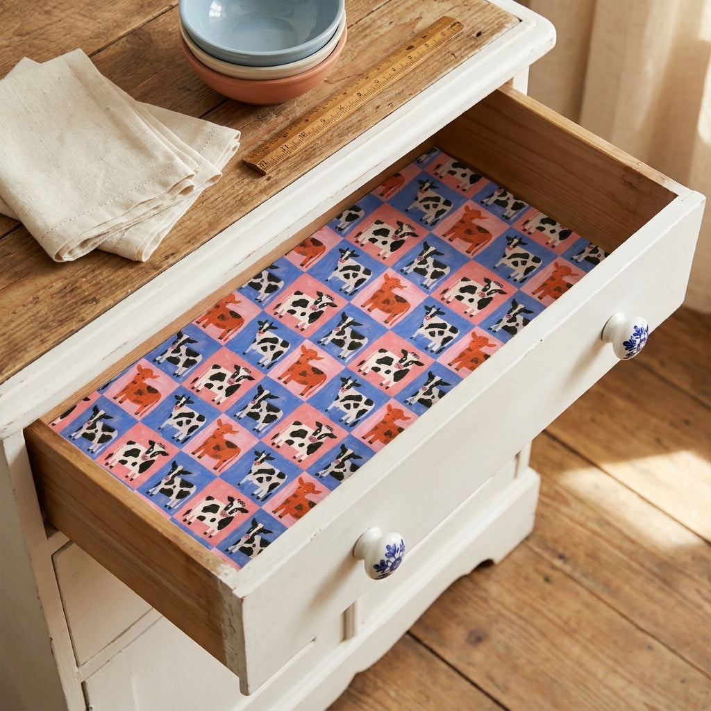 Cute, colorful cow print wrapping paper lining a rustic wooden drawer by Wrapped Studios.