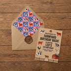 Farmyard birthday invitation card with matching cow print envelope liner by Wrapped Studios.