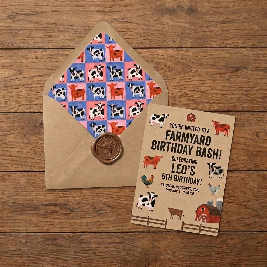 Farmyard birthday invitation card with matching cow print envelope liner by Wrapped Studios.