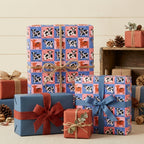 Playful cow print wrapping paper on birthday gift boxes with rustic ribbons by Wrapped Studios.