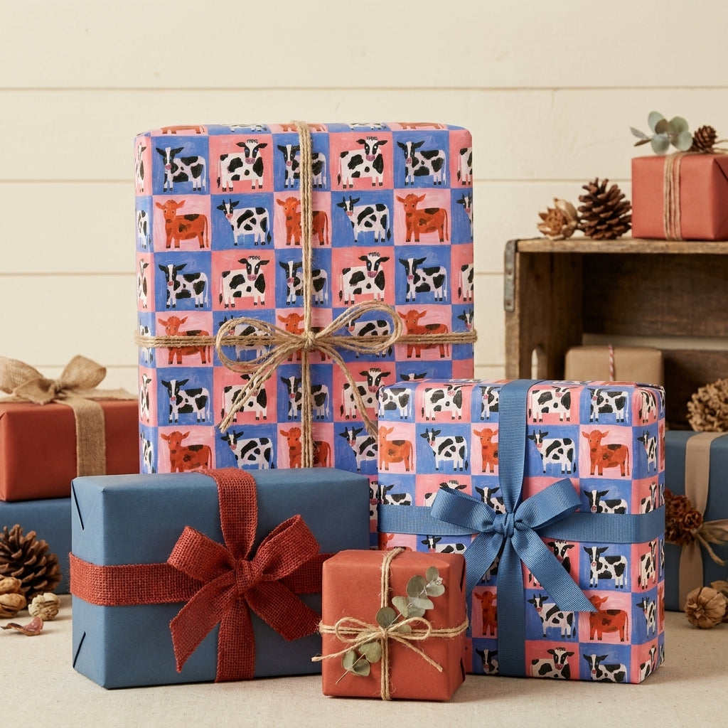 Playful cow print wrapping paper on birthday gift boxes with rustic ribbons by Wrapped Studios.