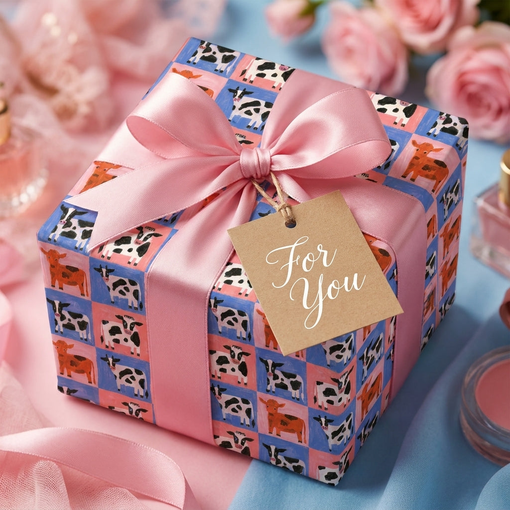 Cute cow print wrapping paper with pink ribbon and 'For You' tag. Whimsical birthday gift wrap by Wrapped Studios.