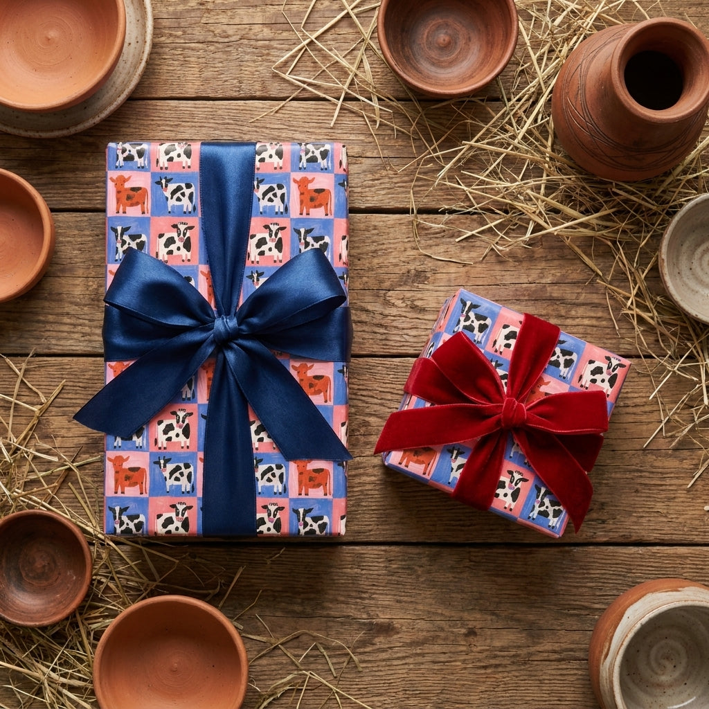 Cute cow wrapping paper on farmhouse gifts with red and blue bows by Wrapped Studios.