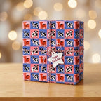 Cute cow print birthday wrapping paper on a gift box with a star tag, by Wrapped Studios.