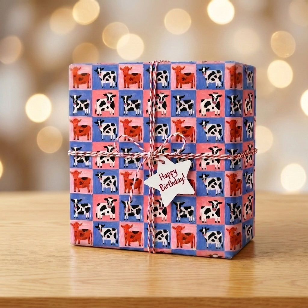 Cute cow print birthday wrapping paper on a gift box with a star tag, by Wrapped Studios.