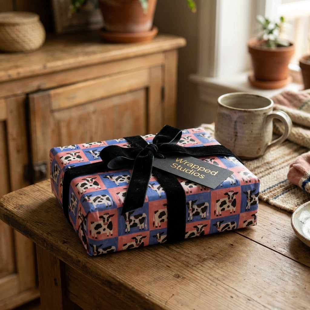 Whimsical cow print wrapping paper with a black velvet ribbon on a rustic table, by Wrapped Studios.
