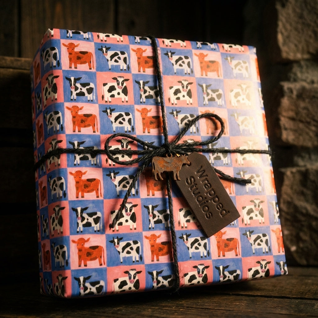 Cute cow print wrapping paper with pink and blue checkers and rustic twine, by Wrapped Studios.