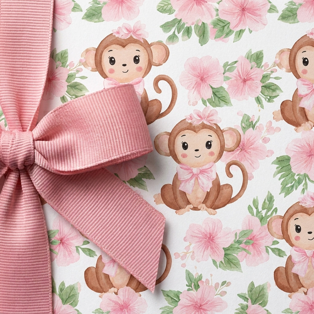 Cute monkey baby shower wrapping paper with pink floral pattern and ribbon bow, by Wrapped Studios.