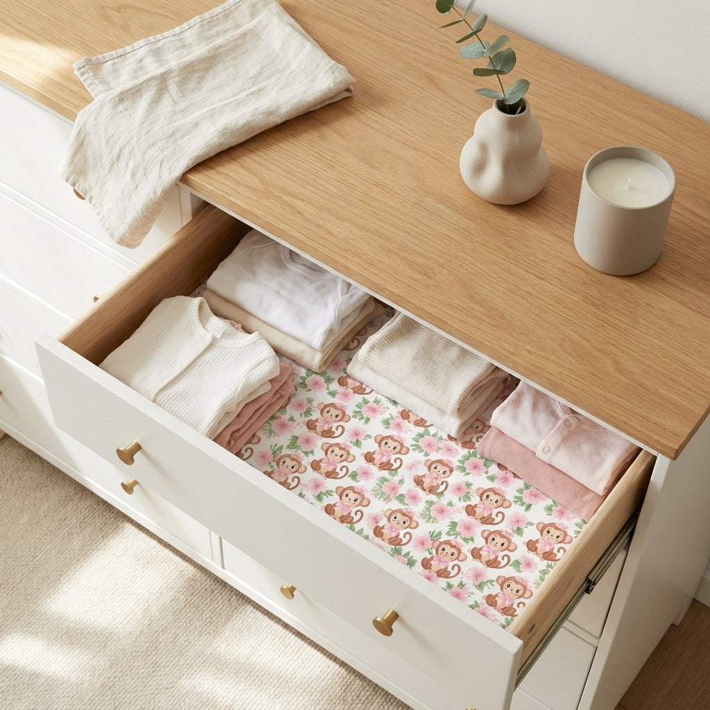 Cute monkey and pink floral baby shower wrapping paper used as a nursery drawer liner by Wrapped Studios.