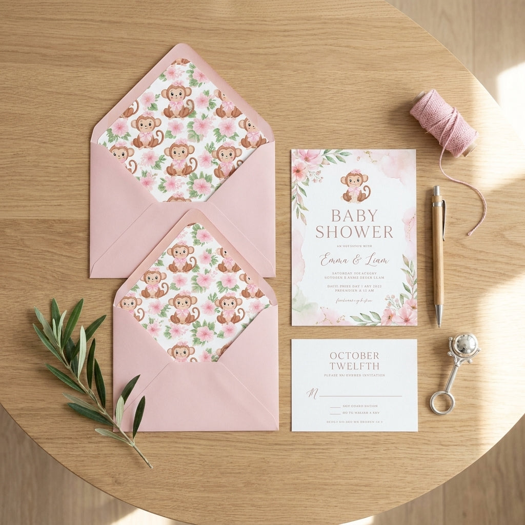 Cute monkey and pink floral baby shower invitation suite with pink envelopes by Wrapped Studios.