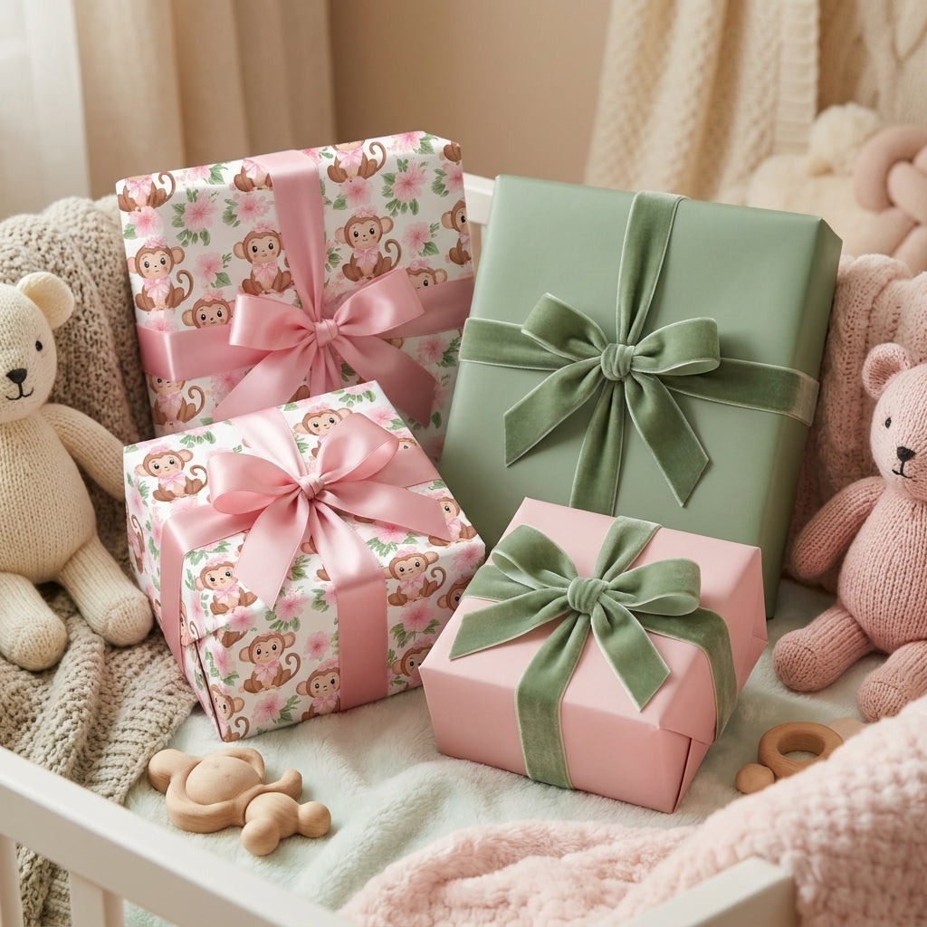 Cute monkey baby shower wrapping paper and pastel gift wrap on boxes in a nursery crib by Wrapped Studios.