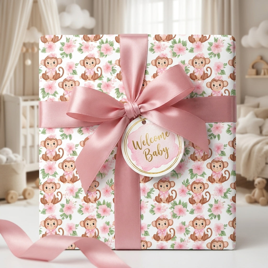 Cute monkey baby shower wrapping paper with pink satin ribbon and Welcome Baby tag by Wrapped Studios.