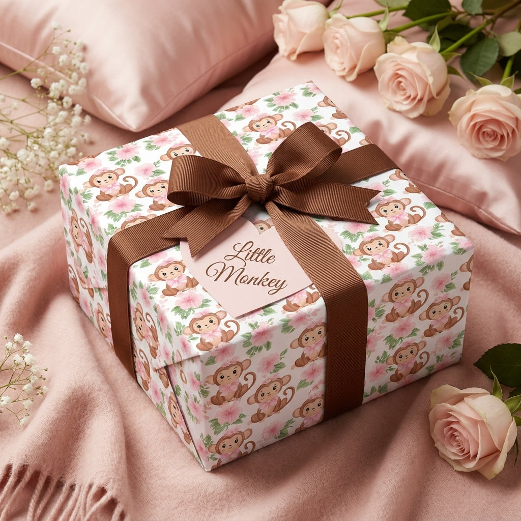 Cute monkey baby shower wrapping paper with a brown bow and pink roses by Wrapped Studios.