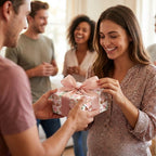 Pregnant woman receiving baby shower gift in pink monkey floral wrapping paper by Wrapped Studios.