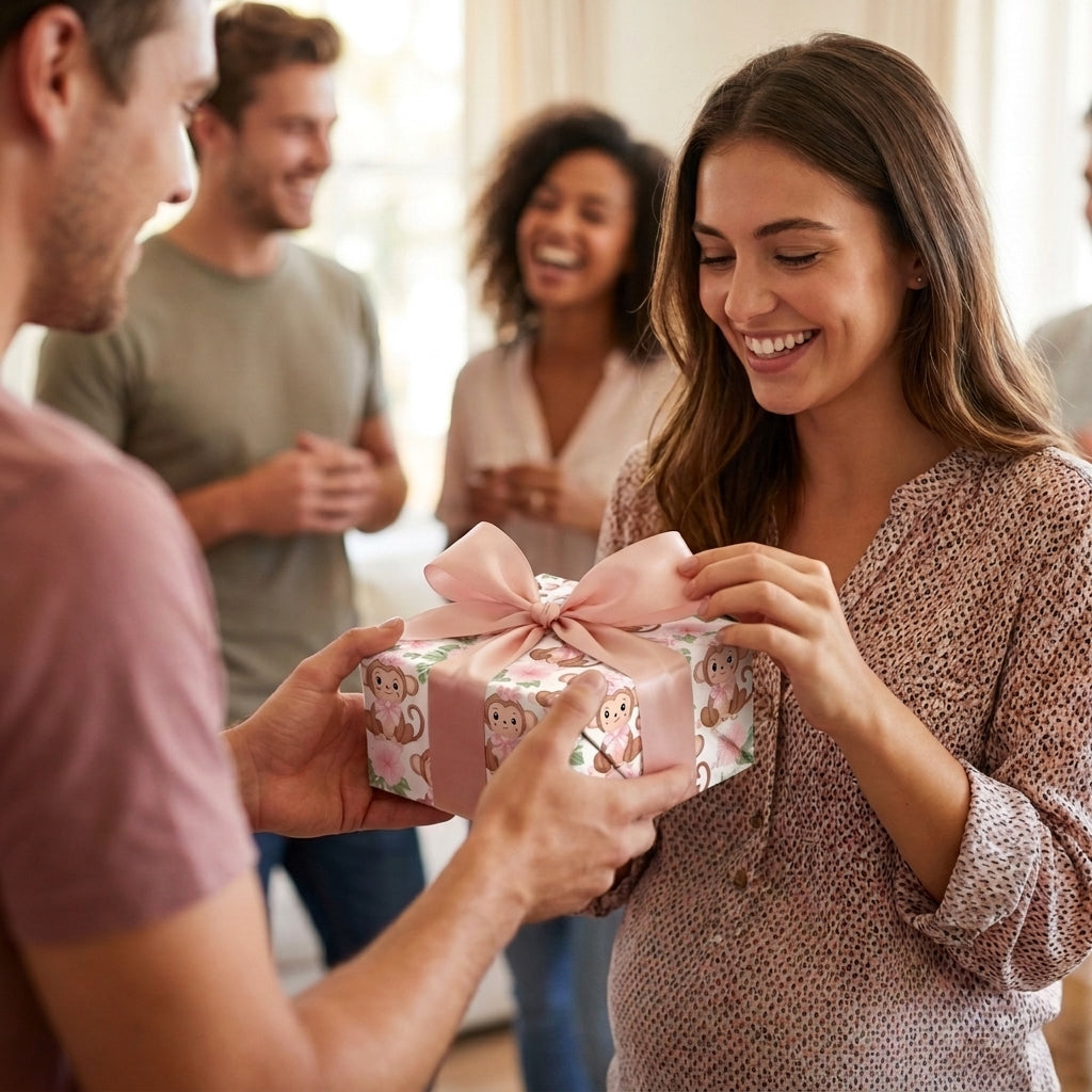 Pregnant woman receiving baby shower gift in pink monkey floral wrapping paper by Wrapped Studios.