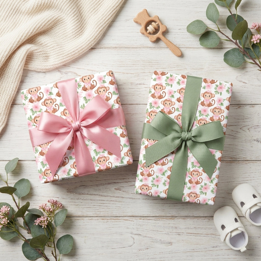Cute monkey baby shower wrapping paper with pink floral pattern and satin bows by Wrapped Studios.
