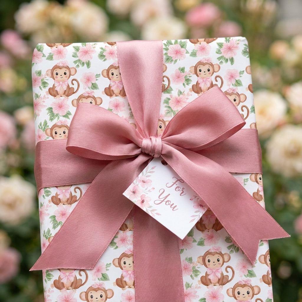 Cute monkey baby shower wrapping paper with pink floral pattern and satin ribbon bow, by Wrapped Studios.