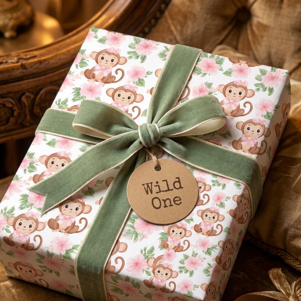 Monkey baby shower gift wrap with green velvet bow and Wild One gift tag by Wrapped Studios.