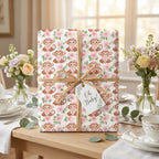Cute monkey baby shower wrapping paper with pink flowers and Oh Baby tag by Wrapped Studios.