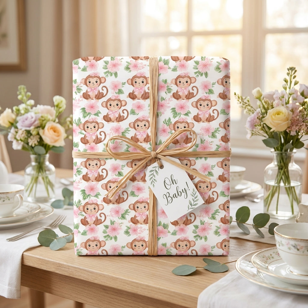 Cute monkey baby shower wrapping paper with pink flowers and Oh Baby tag by Wrapped Studios.