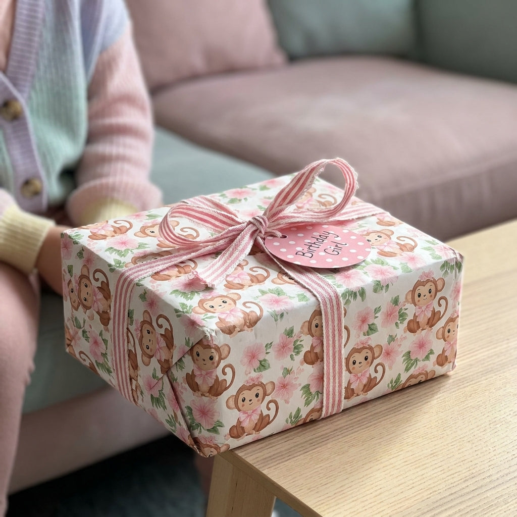 Cute monkey birthday wrapping paper with pink floral pattern and striped ribbon, by Wrapped Studios.