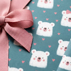 Cute bear baby shower wrapping paper with pink hearts and ribbon bow by Wrapped Studios.