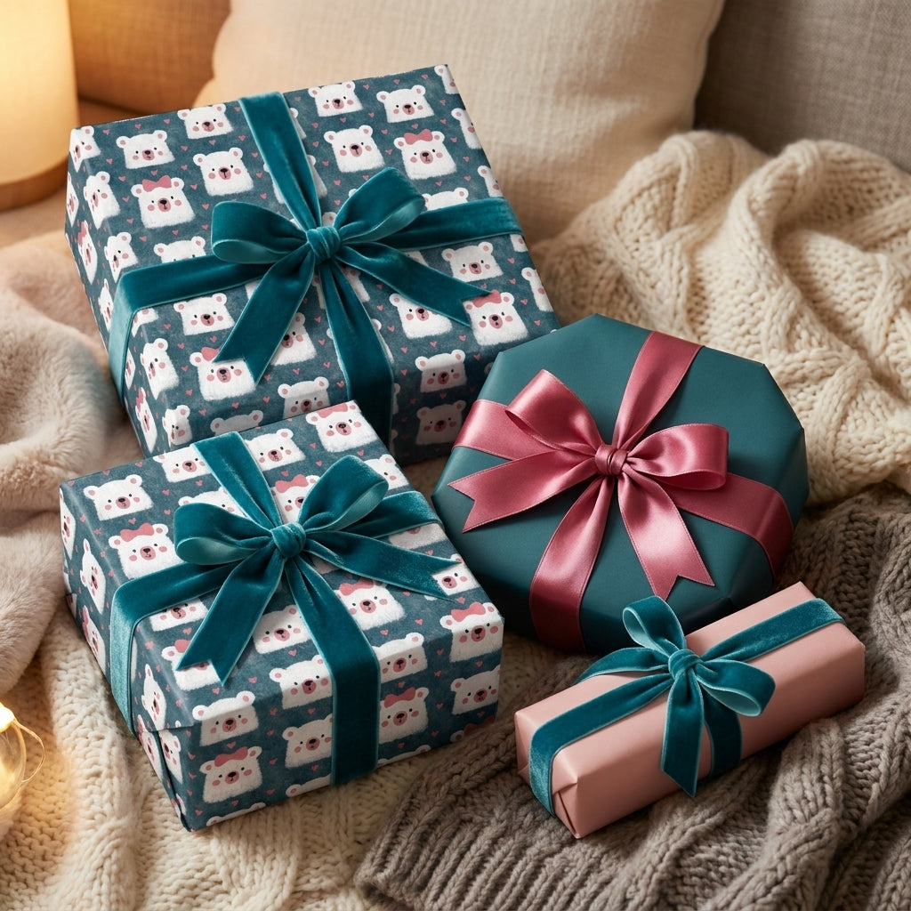 Cute polar bear Christmas wrapping paper with velvet ribbons on cozy holiday gifts by Wrapped Studios.