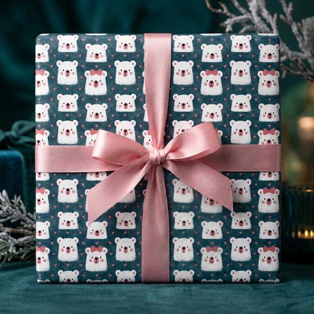 Cute polar bear Christmas wrapping paper in teal with a pink satin ribbon bow by Wrapped Studios.