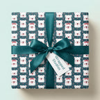 Cute polar bear wrapping paper with dark teal satin ribbon for baby shower by Wrapped Studios.
