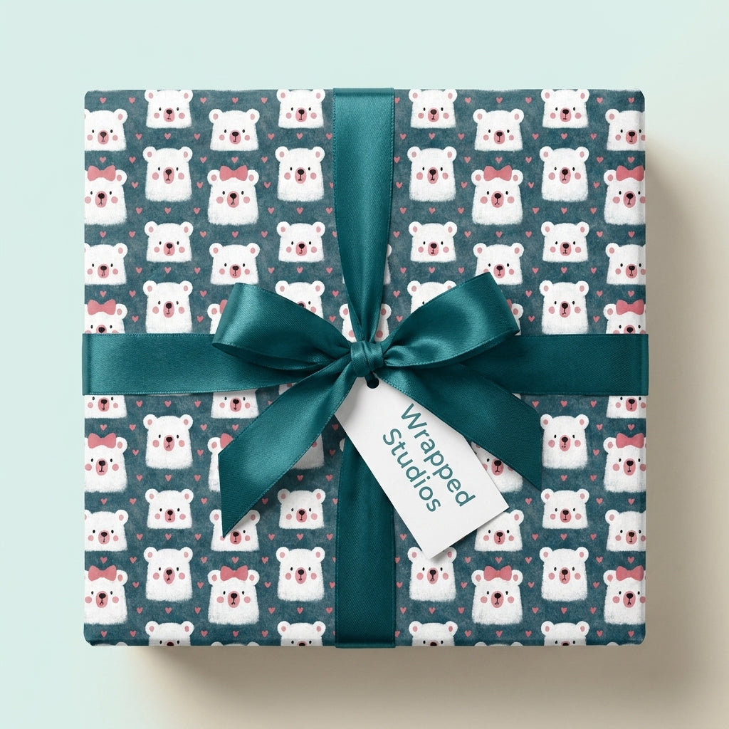 Cute polar bear wrapping paper with dark teal satin ribbon for baby shower by Wrapped Studios.