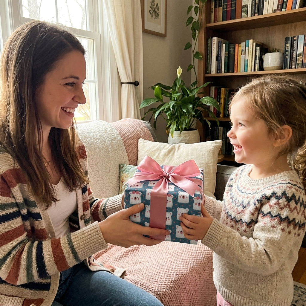 Mother giving child a gift in cute polar bear wrapping paper with a pink bow, by Wrapped Studios.